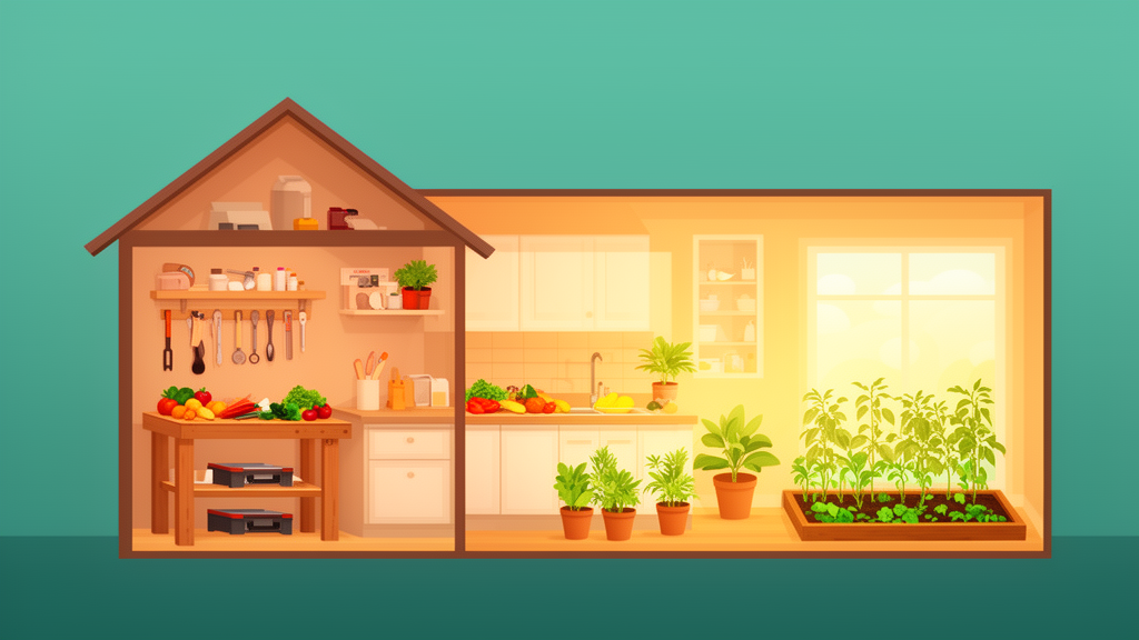 Illustration : une maison où l'on bricole, cuisine et jardine